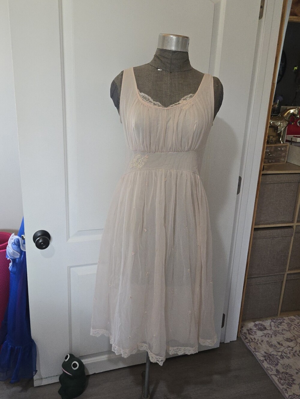 Vintage Shadowline Pale Pink Floral Embroidered Sheer Fairy Nightgown, SIZE 34/S